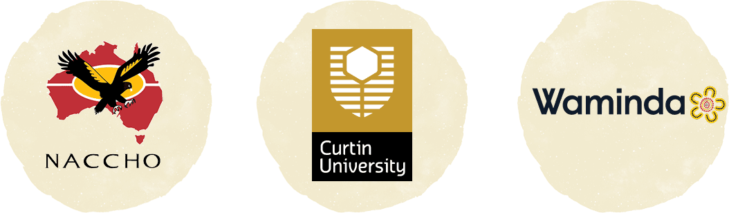 SBB Partner logos 2023 Stronger Bubba Born Partner logos: The National Aboriginal Community Controlled Health Organisation (NACCHO), Curtin University, Waminda (South Coast Women's Health and Wellbeing Aboriginal Corporation)